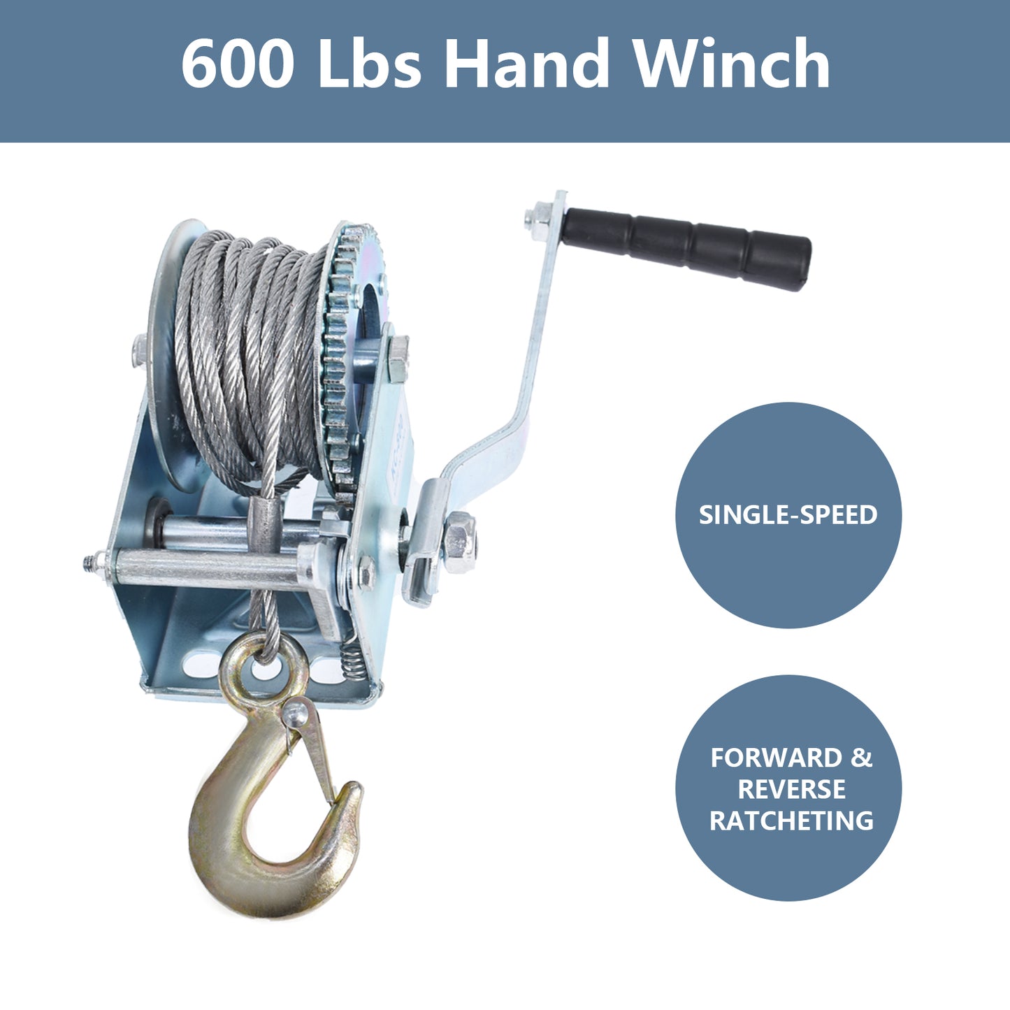 findmall Heavy Duty Hand Winch 600Lbs Hand Crank Strap Gear with 8m Steel Wire Manual Operated Two-Way Ratchet ATV Boat Trailer Marine for Trailering or Loading Boats Personal Watercraft and Lawn Equipment Findmall