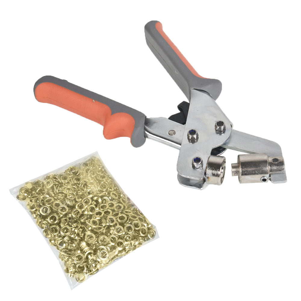 findmall  1/4 Inch (6mm) Grommet Tool Kit Hand Press Tool Kit Handheld Hole Punch Pliers Grommet Machine Hand Press Tool W/ 500 Gold Grommets FINDMALLPARTS