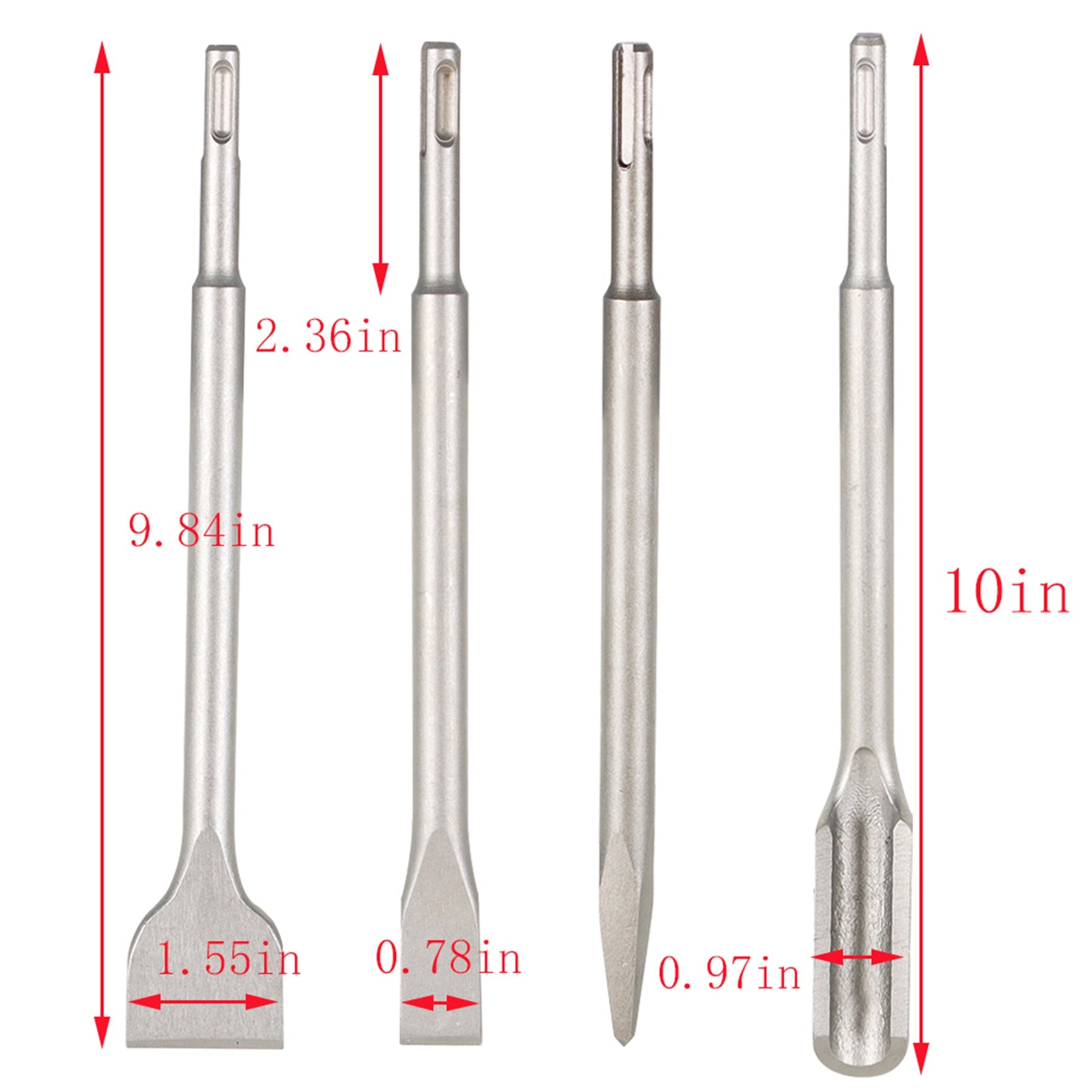 findmall 10''4 Pcs SDS Plus Chisel Rotary Concrete Hammer Drill Bits Gouge Flat Point Wide FINDMALLPARTS