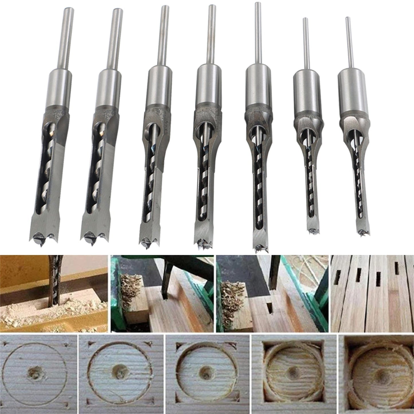 findmall  7Pcs Square Hole Drill Bit HSS Square Hole Saw Mortise Chisel Drill Bit Tools Wood Mortising Chisel Set Twist Drill Wood Hole Drilling Tool for Mortising Machines Drill Press Attachments FINDMALLPARTS