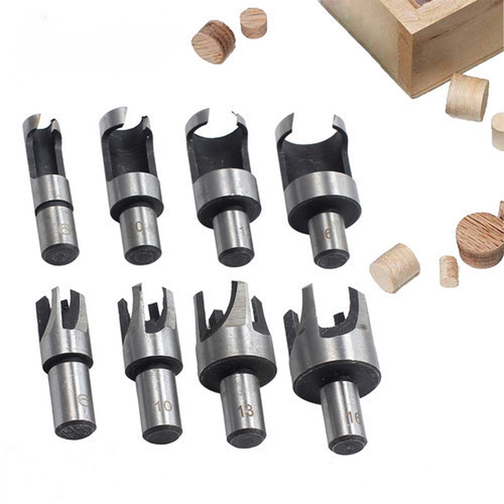 findmall 8 Pcs Carbon Steel Wood Plug Hole Cutter Dowel Maker Cutting Shank Drill Bit Set FINDMALLPARTS